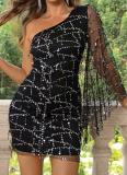 Tassel Sequins Temperament Sexy One Shoulder Long Sleeve Dress