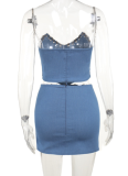 Fashion Denim Tube Top Skirt Sexy Two Piece Suit