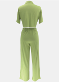 Solid Color Short-Sleeved Shirt Collar Top Casual Wide-Leg Pants Two-Piece Set