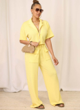 Solid Color Short-Sleeved Shirt Collar Top Casual Wide-Leg Pants Two-Piece Set