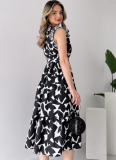 V-Neck Waist Tie Black And White Printed Dress