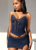 Fashion Denim Tube Top Skirt Sexy Two Piece Suit