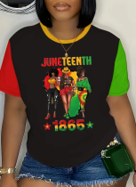 Black Oversized Red and Green Sleeve Printed Crew Neck T-Shirt