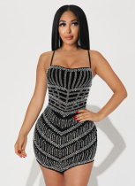 Sexy Slightly Transparent Mesh Perm Diamond Sling Hip Dress