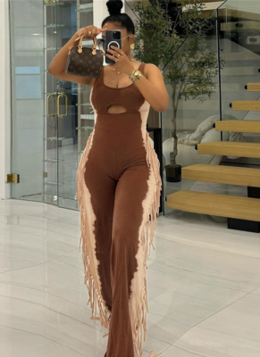 Fashionable Contrast Color Personalized Tassel Casual Jumpsuit