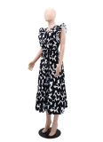 V-Neck Waist Tie Black And White Printed Dress