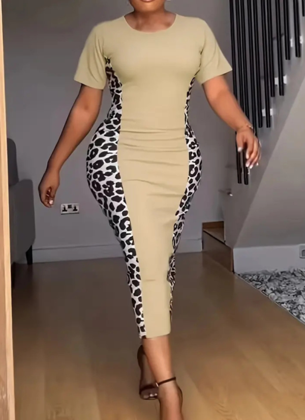 Apricot Large Size Leopard Print Patchwork Casual Dress