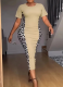 Apricot Large Size Leopard Print Patchwork Casual Dress