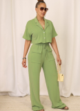 Solid Color Short-Sleeved Shirt Collar Top Casual Wide-Leg Pants Two-Piece Set