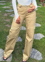 Khaki Casual Multi-Pocket Slim Fit Wide-Leg Trousers