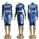 Blue Fashionable Faux Denim Printed Dress