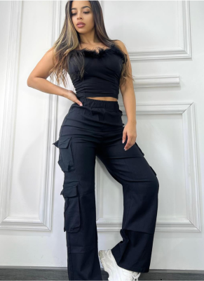Black New Style Fashion Trend Multi-Pocket Solid Color Overalls