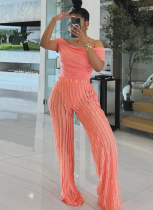 Pink One Neck Shirt High Waisted Wave Print Pants Two Piece Set