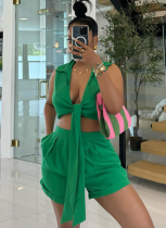 Lapel Tie-Drawn Shirt High Waist Shorts Fashion Casual Two-Piece Suit