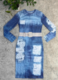 Blue Fashionable Faux Denim Printed Dress
