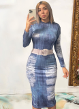 Blue Fashionable Faux Denim Printed Dress
