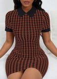 Fashion Houndstooth Print Lapel Sexy Dress