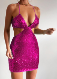 Sexy Sequined V-neck Backless Hollow Suspender Dress