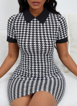 Fashion Houndstooth Print Lapel Sexy Dress