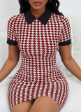 Fashion Houndstooth Print Lapel Sexy Dress