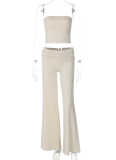 Apricot Solid Color Tube Top Flared Trousers Stylish Slim Fit Two Piece Set