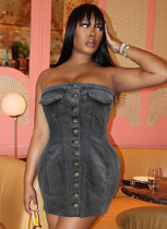 Black Sexy Cardigan Denim Washed Wrap Chest Dress