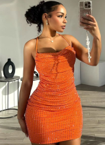 Solid Color Hot Diamond Halter Neck Backless Dress