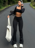 Solid Color Long Sleeve Square Neck Slim Flared Trousers Sports Casual Two-Piece Suit
