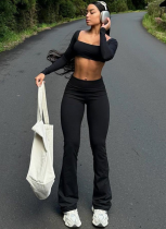 Solid Color Long Sleeve Square Neck Slim Flared Trousers Sports Casual Two-Piece Suit