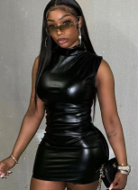 PU Solid Color Sleeveless Tight Hip Dress