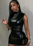PU Solid Color Sleeveless Tight Hip Dress