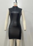 PU Solid Color Sleeveless Tight Hip Dress