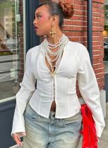 White Sexy V-Neck Long-Sleeved Waist Slim Fit Fashionable All-Match Top