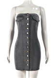 Black Sexy Cardigan Denim Washed Wrap Chest Dress