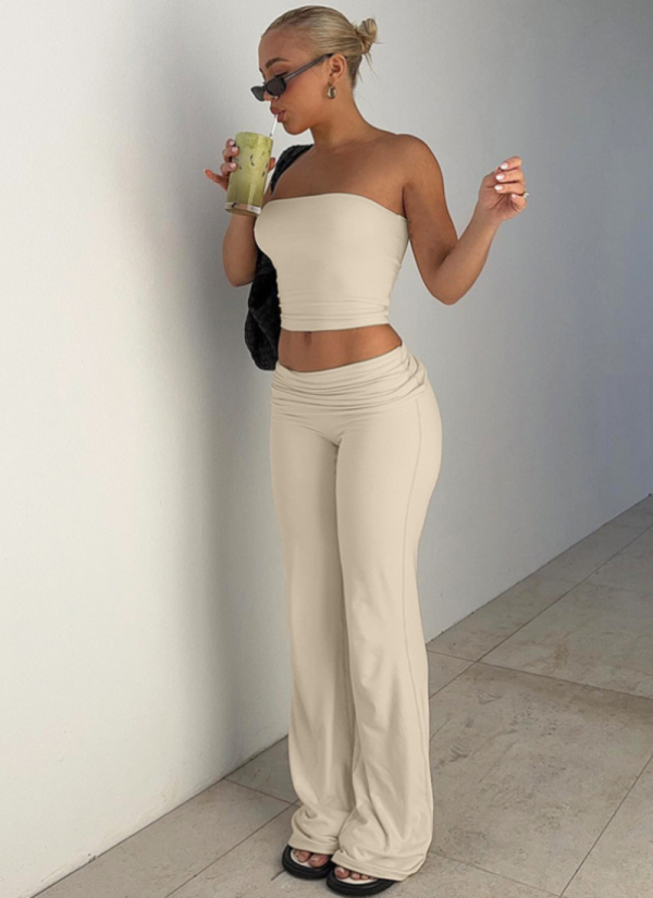 Apricot Solid Color Tube Top Flared Trousers Stylish Slim Fit Two Piece Set