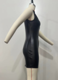 PU Solid Color Sleeveless Tight Hip Dress