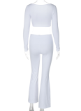 Solid Color Long Sleeve Square Neck Slim Flared Trousers Sports Casual Two-Piece Suit