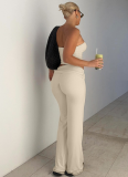 Apricot Solid Color Tube Top Flared Trousers Stylish Slim Fit Two Piece Set