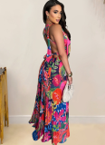 Fashion V-Neck Printed Sleeveless Long Dress