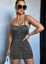Black Single-Breasted Wrap-Around Chest Hot Girl Suspender Denim Hip Dress