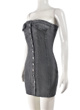 Black Sexy Cardigan Denim Washed Wrap Chest Dress