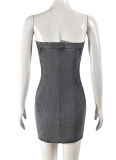 Black Sexy Cardigan Denim Washed Wrap Chest Dress