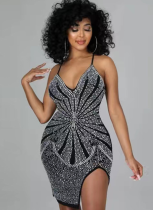 Black Hot Diamond Deep V Slim Sexy Dress