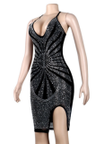 Black Hot Diamond Deep V Slim Sexy Dress