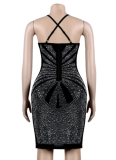 Black Hot Diamond Deep V Slim Sexy Dress