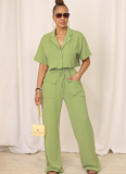 Solid Color Short-Sleeved Lapel Top Casual Wide-Leg Pants Two-Piece Set