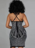 Black Hot Diamond Deep V Slim Sexy Dress