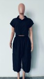 Black Fashion Loose Lapel Top Wide Leg Overalls Two-Piece Set