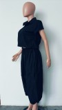 Black Fashion Loose Lapel Top Wide Leg Overalls Two-Piece Set