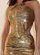 Sexy Gold Snake Print Halter Neck Strap Hip Skirt Suit